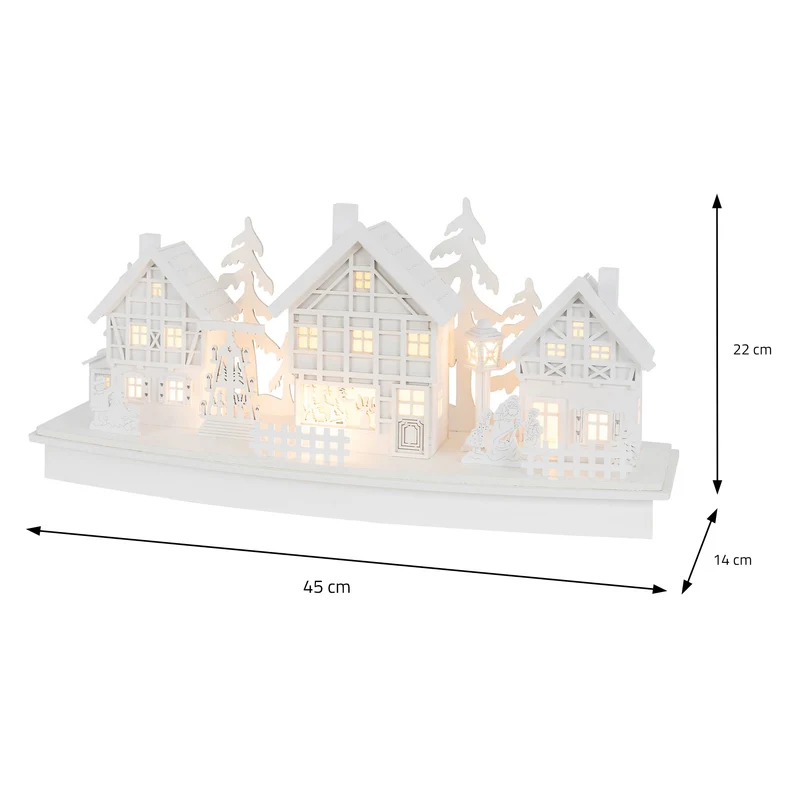 Leuchtendes Weihnachtsdorf Weiß mit warmweißer Lichterkette aus Holz Modell C