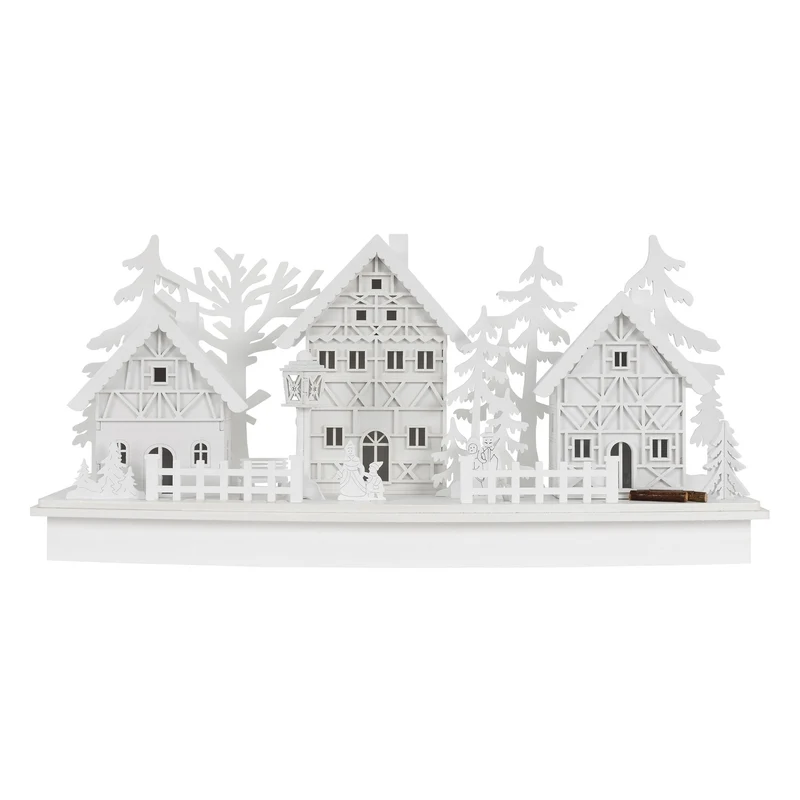 Leuchtendes Weihnachtsdorf Weiß mit warmweißer Lichterkette aus Holz Modell B