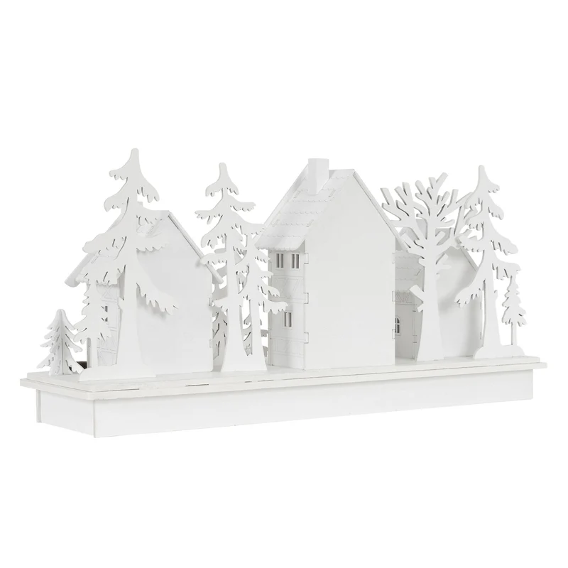 Leuchtendes Weihnachtsdorf Weiß mit warmweißer Lichterkette aus Holz Modell B