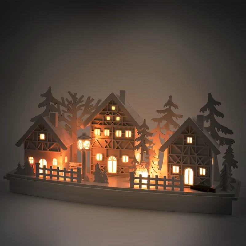 Leuchtendes Weihnachtsdorf Weiß mit warmweißer Lichterkette aus Holz Modell B