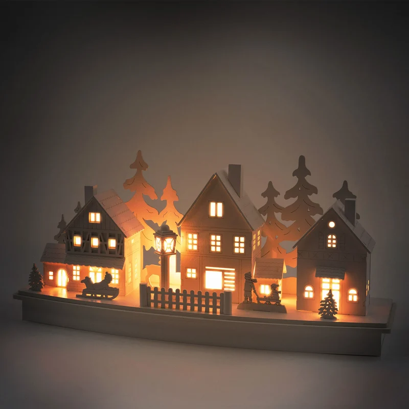 Leuchtendes Weihnachtsdorf Weiß mit warmweißer Lichterkette aus Holz Modell A