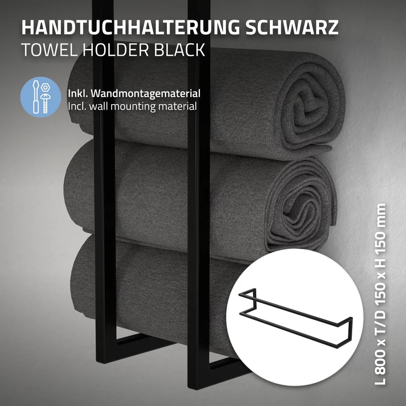 Handtuchhalter 15x15x80 cm Schwarz aus Stahl ML-Design