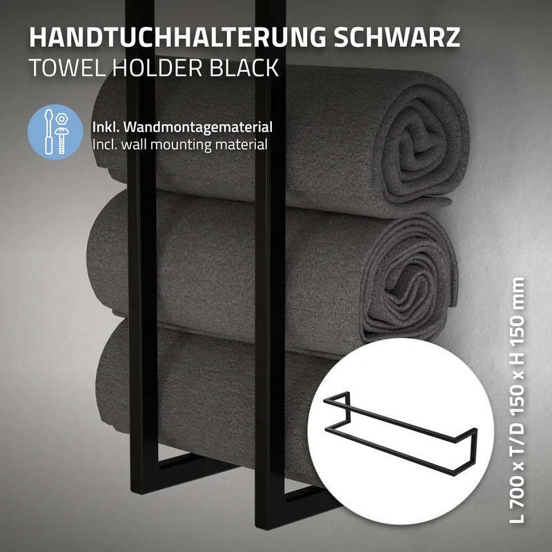Handtuchhalter 15x15x70 cm Schwarz aus Stahl ML-Design