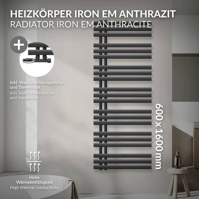 Badheizkörper Mittelanschluss 600x1600 mm Anthrazit mit Wand Anschlussgarnitur LuxeBath