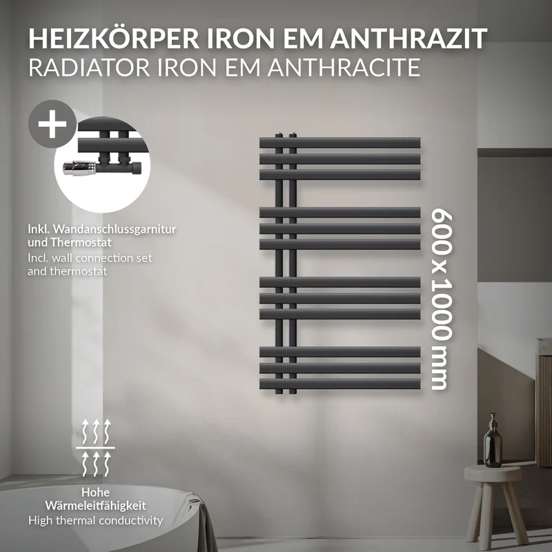 Badheizkörper Mittelanschluss 600x1000 mm Anthrazit mit Wand Anschlussgarnitur LuxeBath