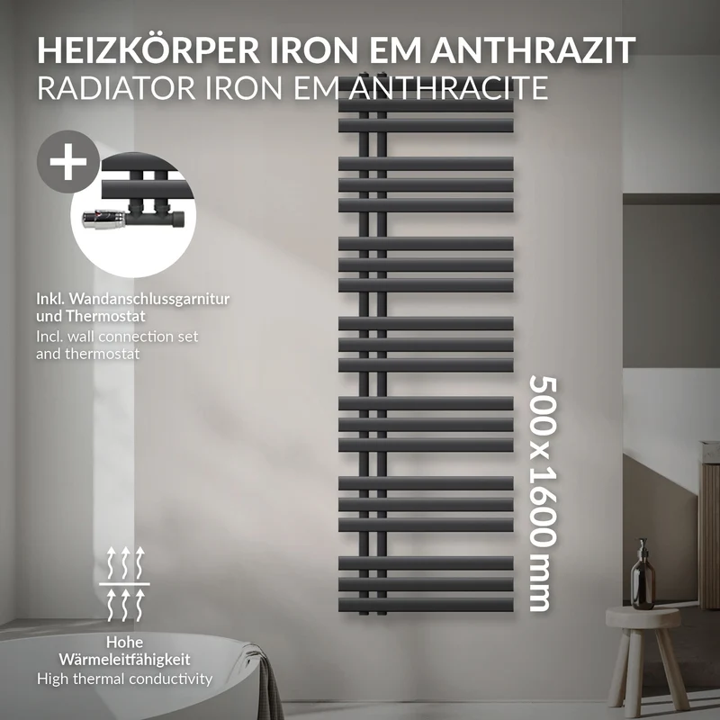 Badheizkörper Mittelanschluss 500x1600 mm Anthrazit mit Wand Anschlussgarnitur LuxeBath