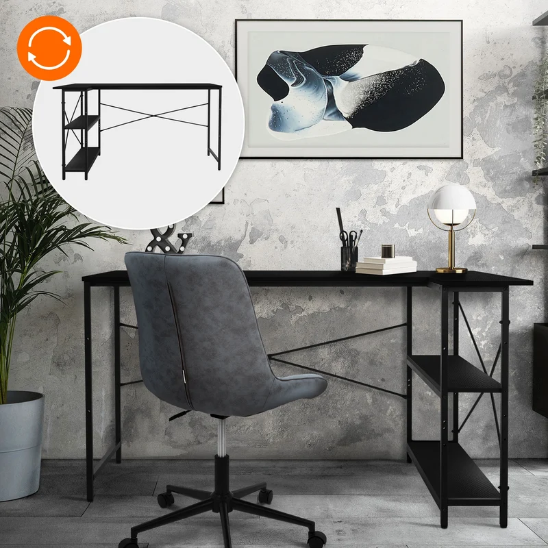 B-Ware Schreibtisch L-Form beidseitig montierbar 140x89x75 cm Carbon mit Regal ML-Design