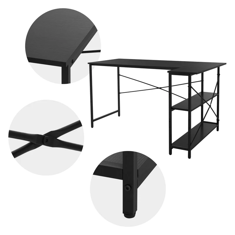 B-Ware Schreibtisch L-Form beidseitig montierbar 140x89x75 cm Schwarz mit Regal ML-Design