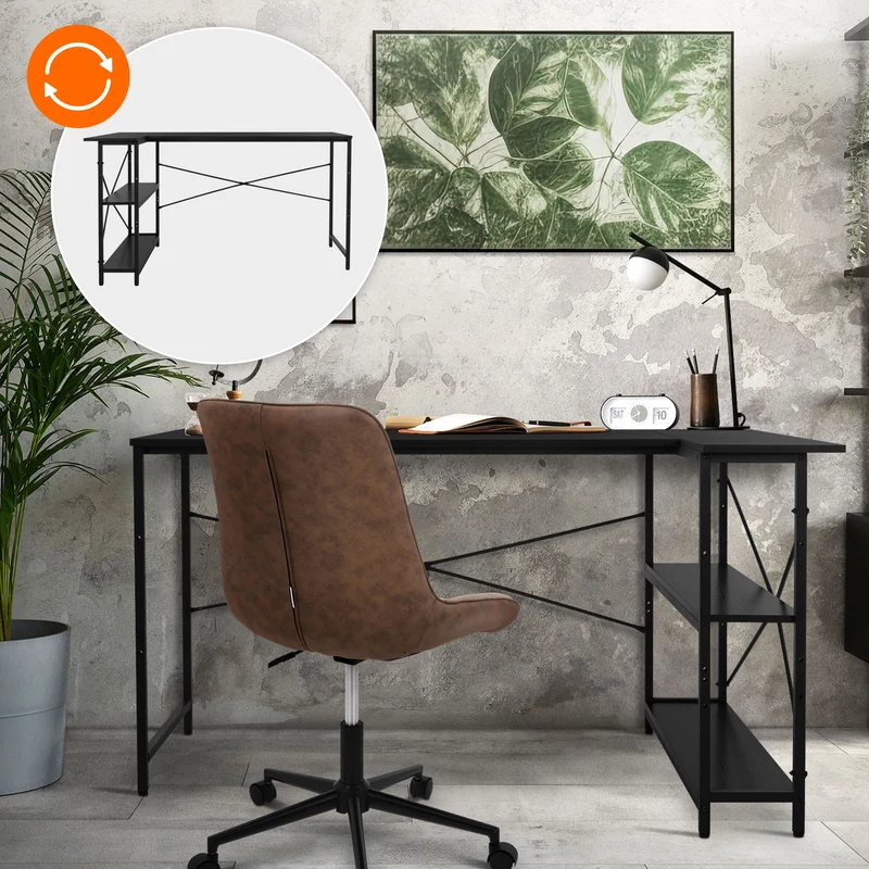 B-Ware Schreibtisch L-Form beidseitig montierbar 140x89x75 cm Schwarz mit Regal ML-Design
