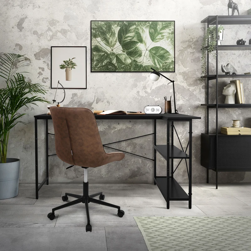 B-Ware Schreibtisch L-Form beidseitig montierbar 140x89x75 cm Schwarz mit Regal ML-Design