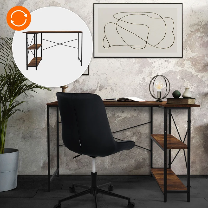 B-Ware Schreibtisch L-Form beidseitig montierbar 120x89x75 cm Dunkelbraun mit Regal ML-Design