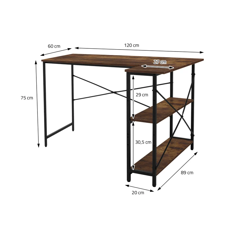 B-Ware Schreibtisch L-Form beidseitig montierbar 120x89x75 cm Dunkelbraun mit Regal ML-Design