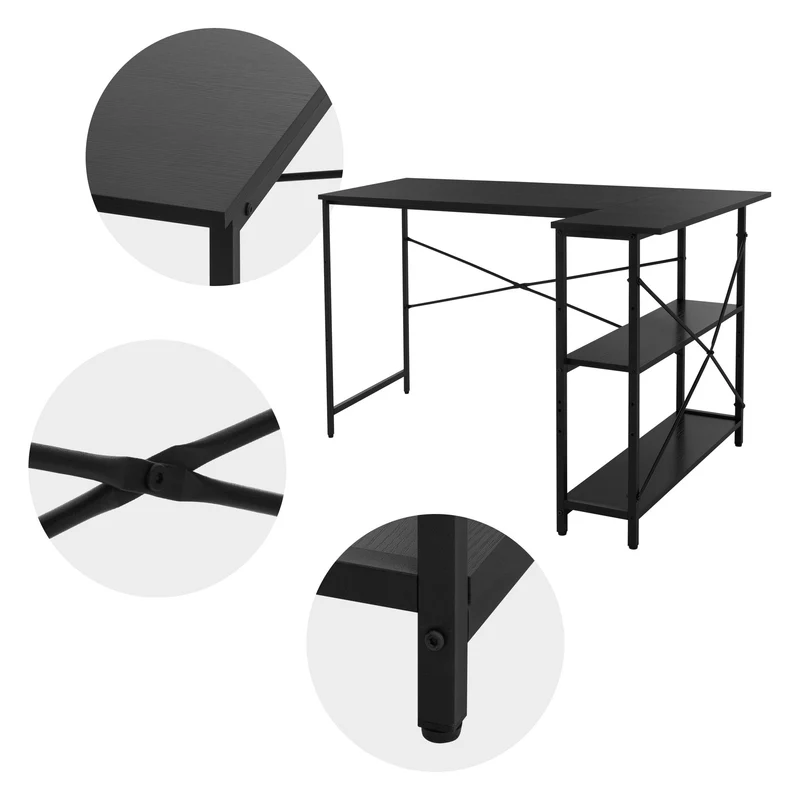 B-Ware Schreibtisch L-Form beidseitig montierbar 120x89x75 cm Schwarz mit Regal ML-Design