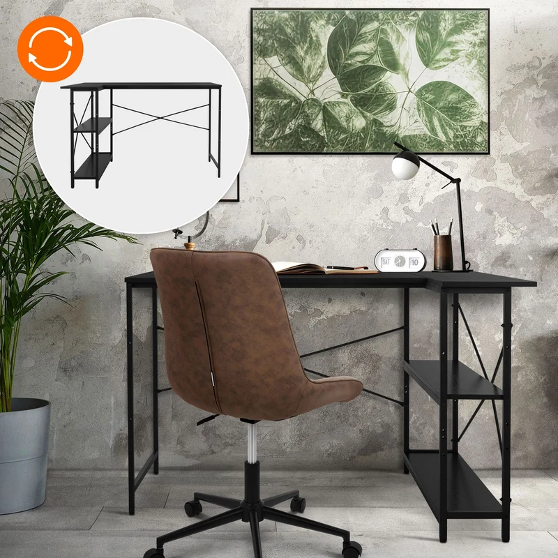 B-Ware Schreibtisch L-Form beidseitig montierbar 120x89x75 cm Schwarz mit Regal ML-Design