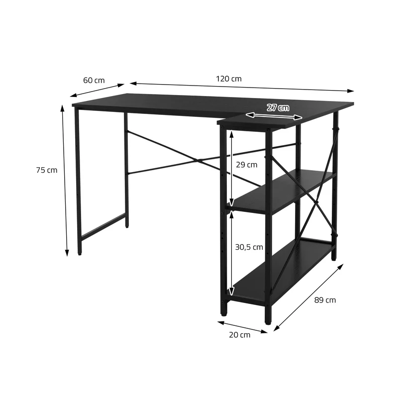 B-Ware Schreibtisch L-Form beidseitig montierbar 120x89x75 cm Schwarz mit Regal ML-Design