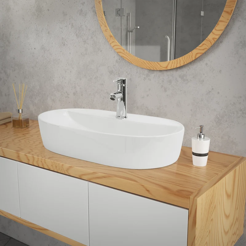 Waschbecken inkl. Ablaufgarnitur Silber ohne Überlauf 60x40x12 cm Weiß aus Keramik LuxeBath