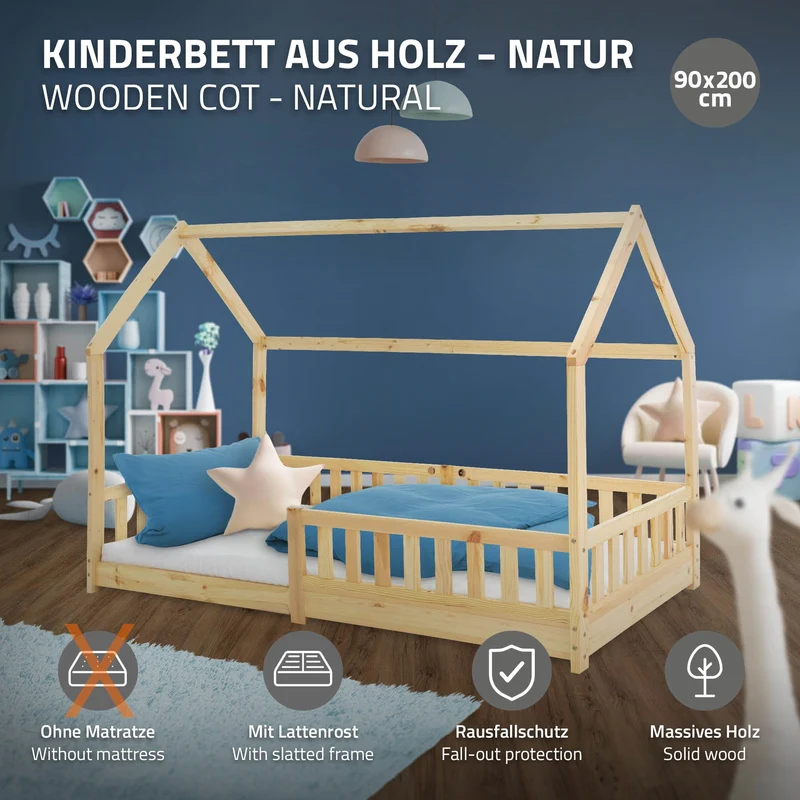 Kinderbett Hausbett 90x200 cm aus Kiefernholz mit Rausfallschutz Dach und Lattenrost Holzbett ML-Design