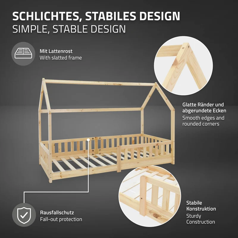 Kinderbett Hausbett 90x200 cm aus Kiefernholz mit Rausfallschutz Dach und Lattenrost Holzbett ML-Design