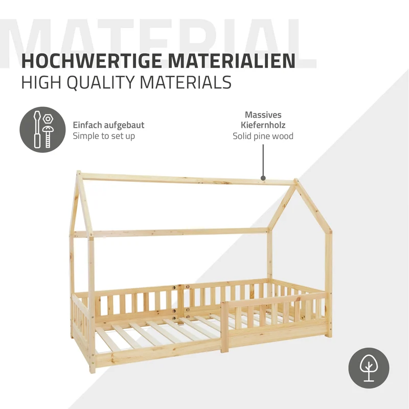 Kinderbett Hausbett 90x200 cm aus Kiefernholz mit Rausfallschutz Dach und Lattenrost Holzbett ML-Design