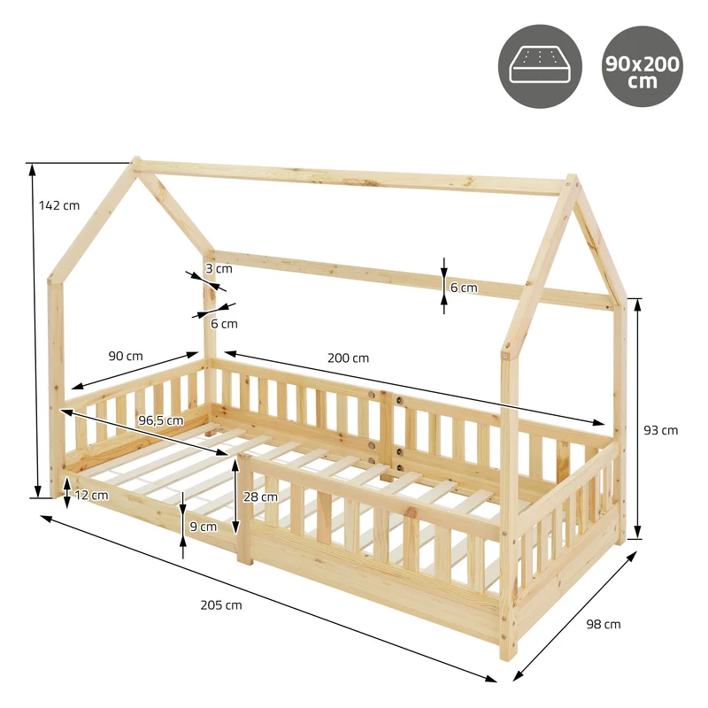 Kinderbett Hausbett 90x200 cm aus Kiefernholz mit Rausfallschutz Dach und Lattenrost Holzbett ML-Design