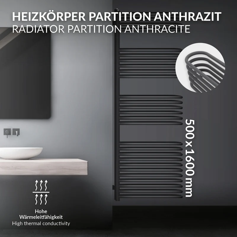 Badheizkörper Raumteiler U-Form 500x1600 mm Anthrazit LuxeBath