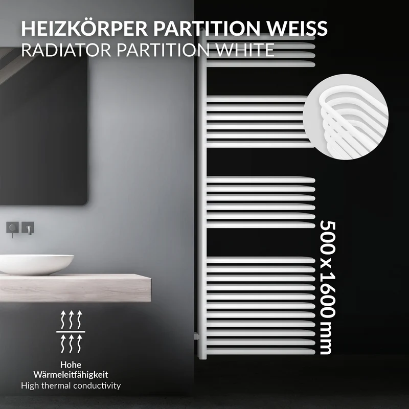 Badheizkörper Raumteiler U-Form 500x1600 mm Weiß LuxeBath