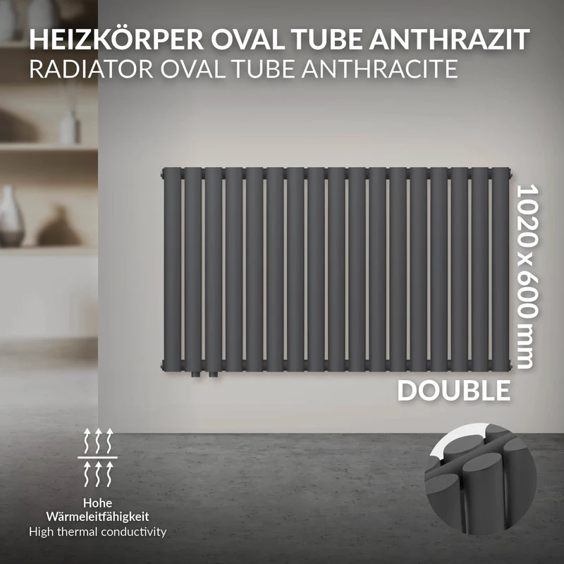 Paneelheizkörper horizontal Doppellgagig mit ovalen Röhren 600x1020 mm Anthrazit mit Seitenanschluss LuxeBath