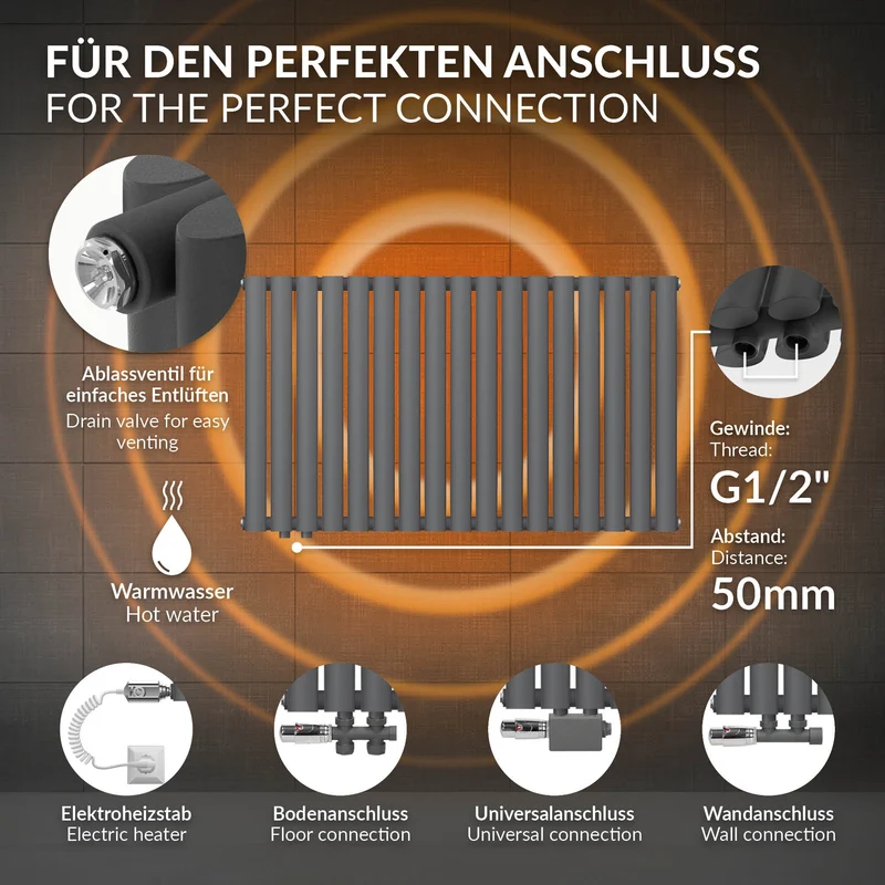 Paneelheizkörper horizontal Doppellgagig mit ovalen Röhren 600x1020 mm Anthrazit mit Seitenanschluss LuxeBath