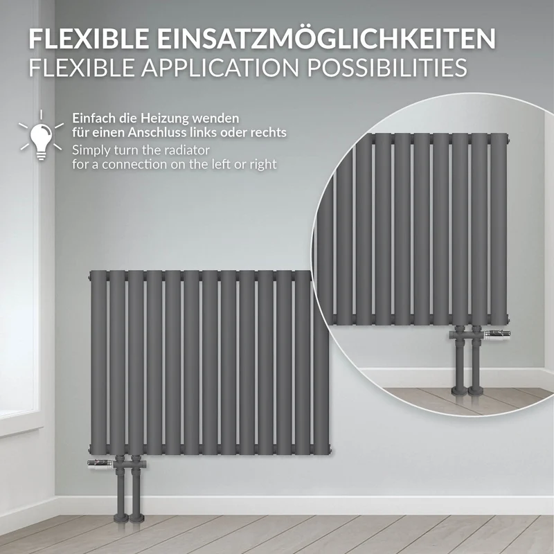 Paneelheizkörper horizontal Doppellgagig mit ovalen Röhren 600x1020 mm Anthrazit mit Seitenanschluss LuxeBath