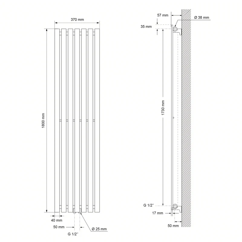Badheizkörper Stella 370x1800 mm Weiß LuxeBath
