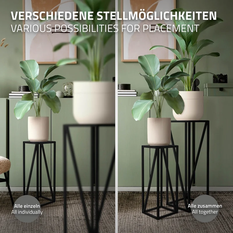 2er Set Blumenständer 21,5x21,5x57,4/26x26x73,5 cm Schwarz aus Stahl ML-Design