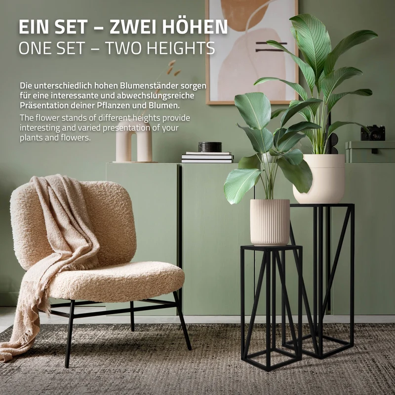 2er Set Blumenständer 21,5x21,5x57,4/26x26x73,5 cm Schwarz aus Stahl ML-Design
