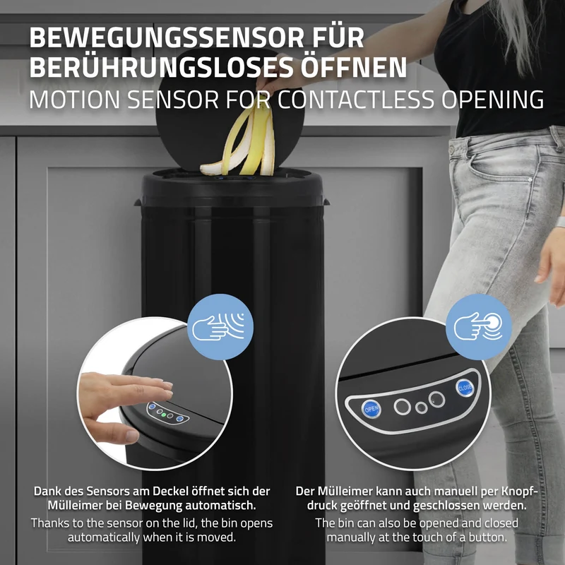 Mülleimer mit Sensor 50L Schwarz aus Edelstahl gebürstet ML-Design