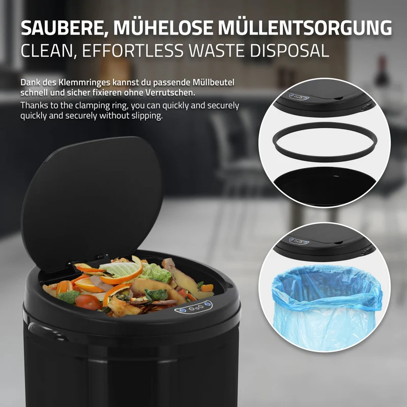 Mülleimer mit Sensor 50L Schwarz aus Edelstahl gebürstet ML-Design
