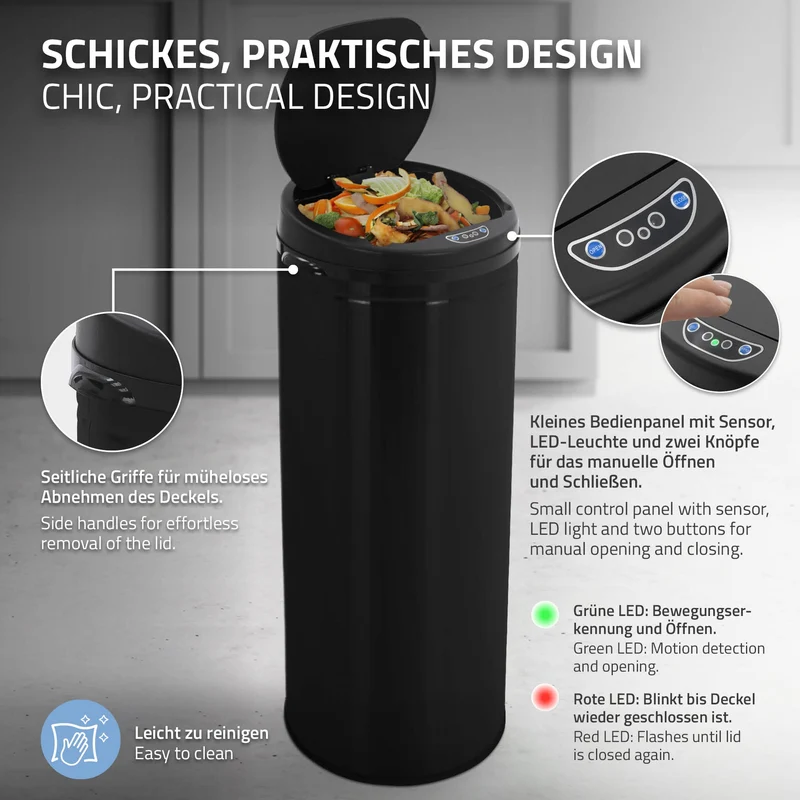 Mülleimer mit Sensor 50L Schwarz aus Edelstahl gebürstet ML-Design