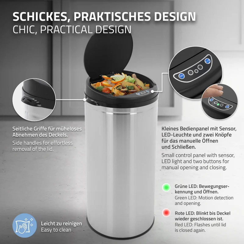 Mülleimer mit Sensor 30L Silber aus Edelstahl gebürstet ML-Design