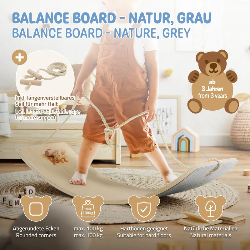 Balance Board für Kinder 83x30 cm Grau/Natur aus Lindensperrholz bis 100kg + Baumwollseil Joyz