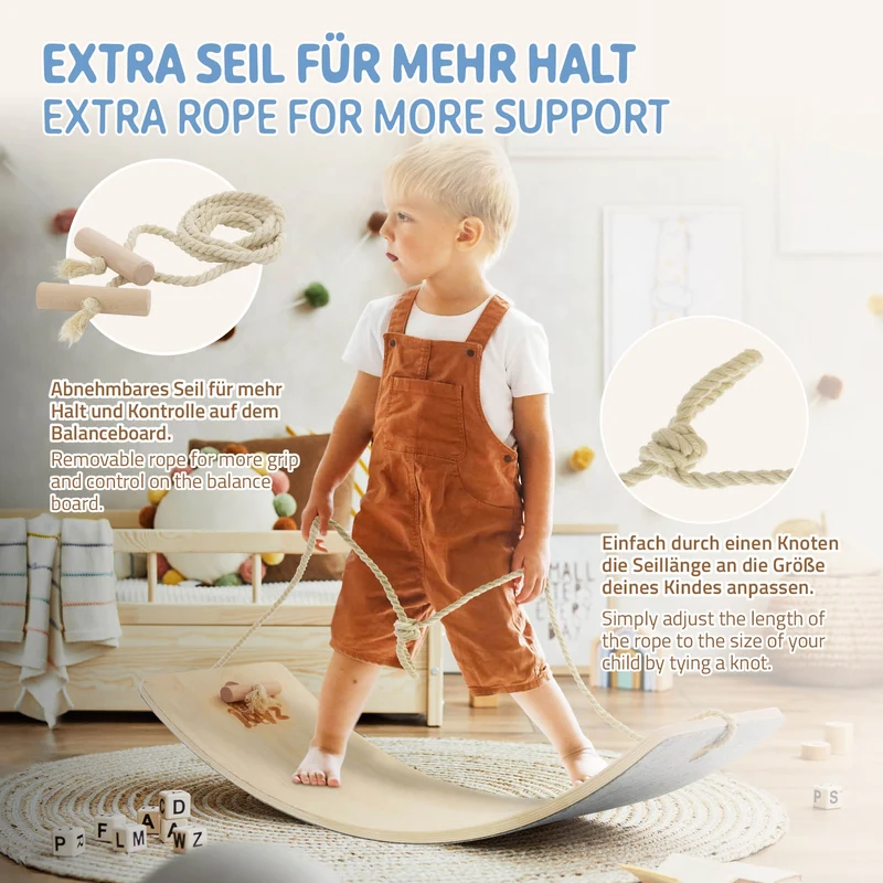 Balance Board für Kinder 83x30 cm Grau/Natur aus Lindensperrholz bis 100kg + Baumwollseil Joyz