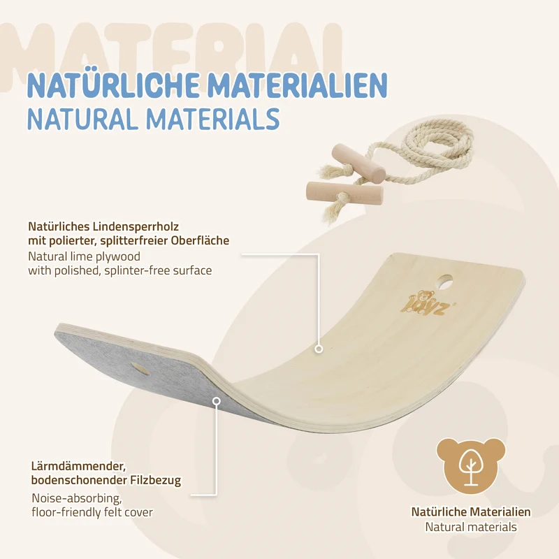 Balance Board für Kinder 83x30 cm Grau/Natur aus Lindensperrholz bis 100kg + Baumwollseil Joyz