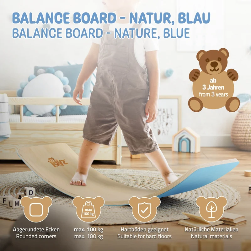 Balance Board für Kinder 83x30 cm Blau/Natur aus Holz bis 100kg Joyz