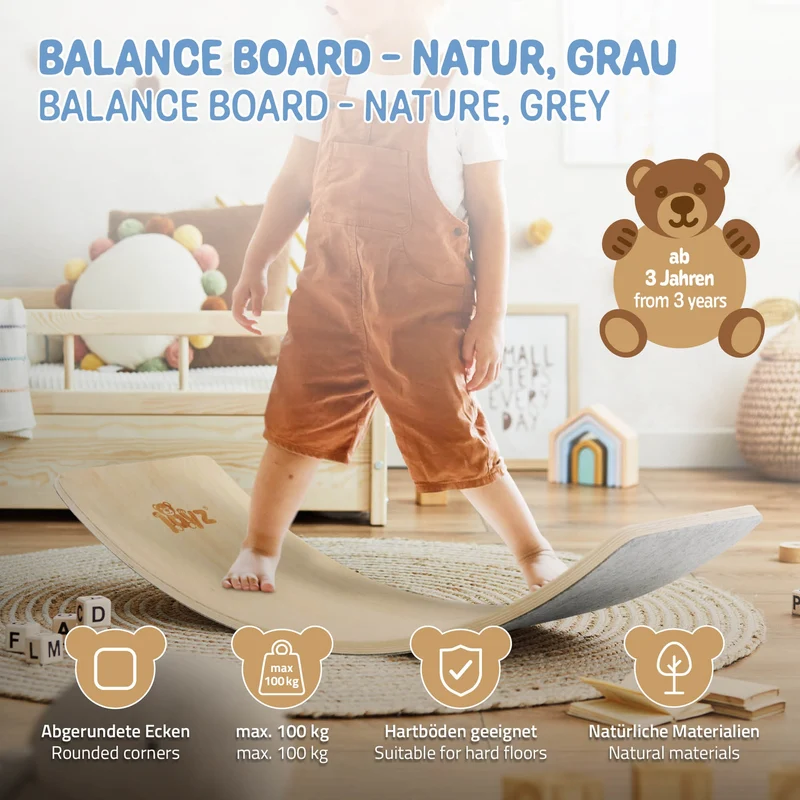 Balance Board für Kinder 83x30 cm Grau/Natur aus Holz bis 100kg Joyz