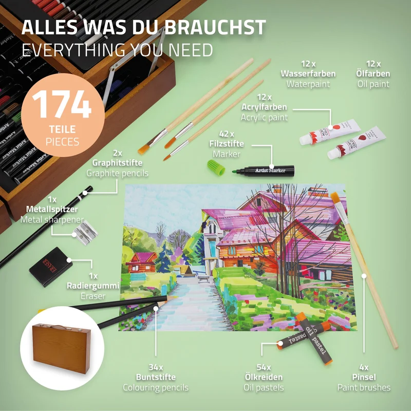 Malkoffer aus Holz 174-Teilig mit Pinseln, Bleistiften, Ölfarben, Ölpastellkreide uvm aufklappbar