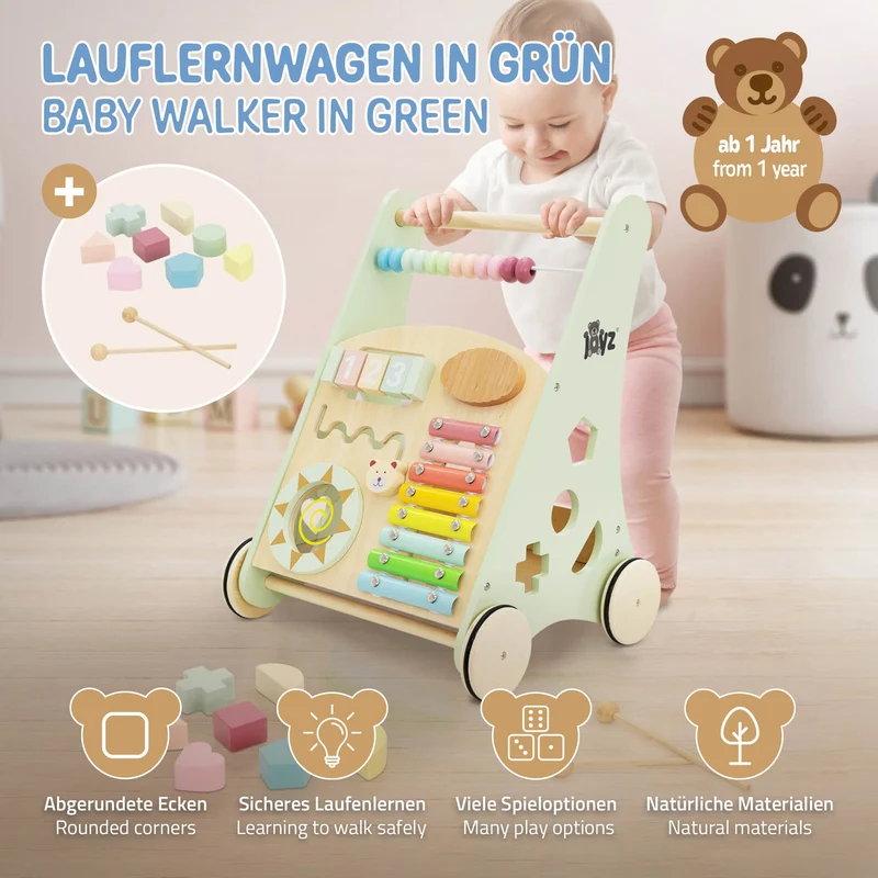 Laufwagen mit Activity Center 36x32x46 cm Grün aus Holz Joyz