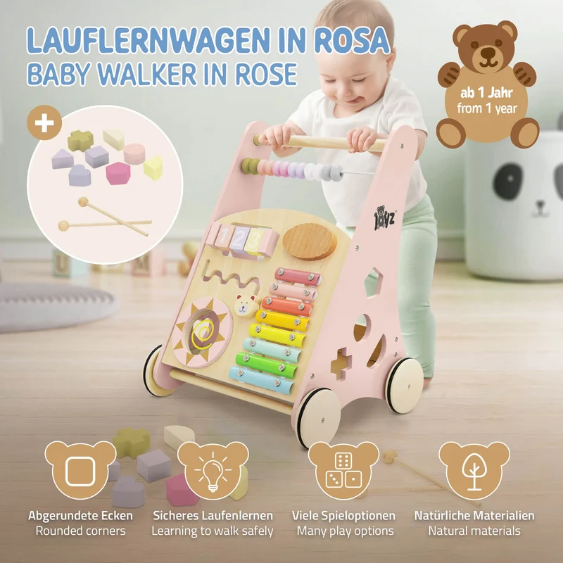 Laufwagen mit Activity Center 36x32x46 cm Pink aus Holz Joyz
