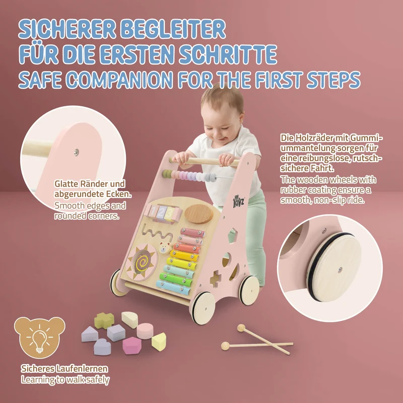 Laufwagen mit Activity Center 36x32x46 cm Pink aus Holz Joyz