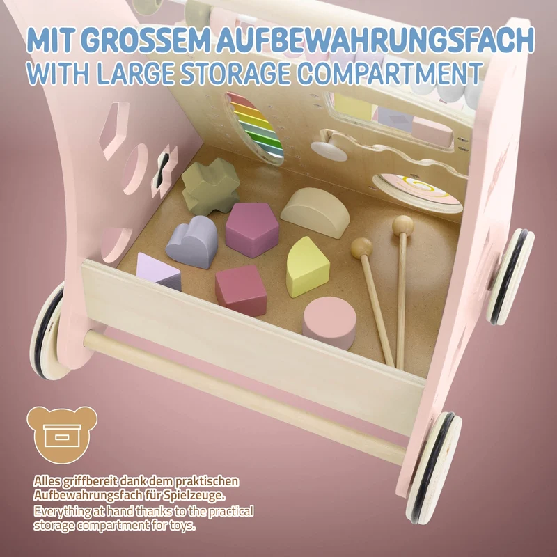 Laufwagen mit Activity Center 36x32x46 cm Pink aus Holz Joyz