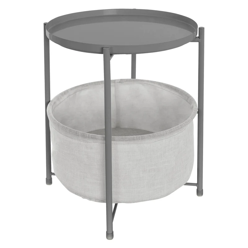 Beistelltisch Rund 45,5x52,5 cm Grau aus Metall inkl. Stoffkorb und Tablett ML-Design