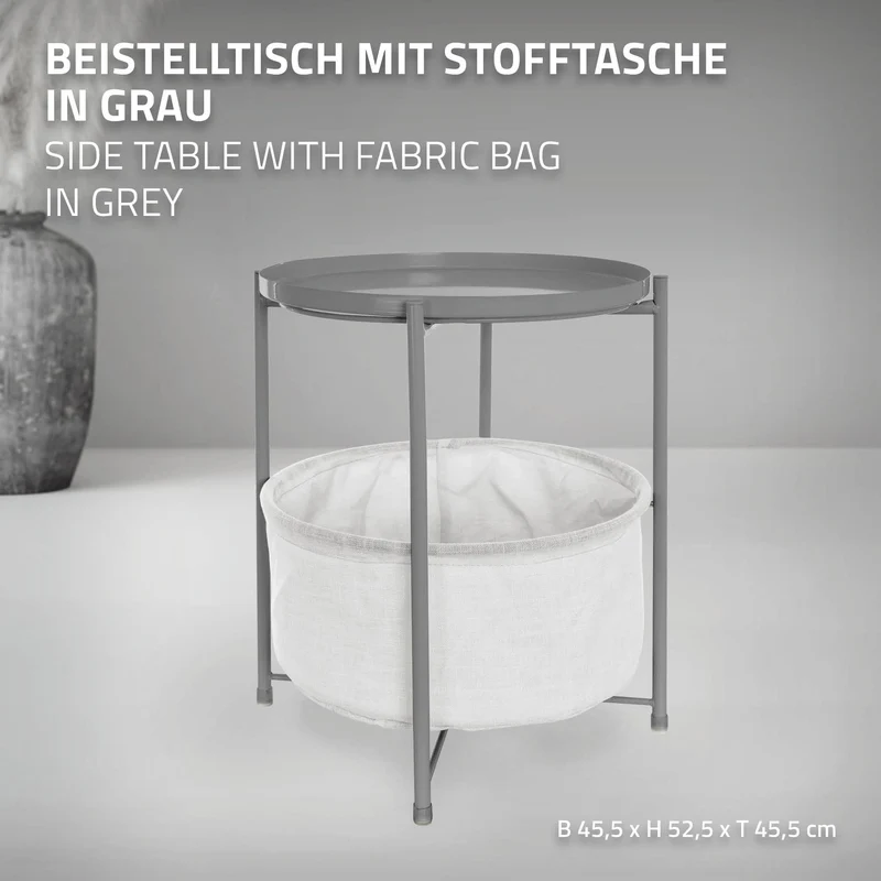 Beistelltisch Rund 45,5x52,5 cm Grau aus Metall inkl. Stoffkorb und Tablett ML-Design