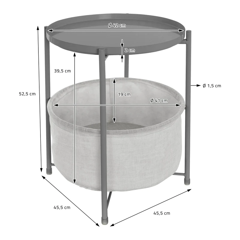 Beistelltisch Rund 45,5x52,5 cm Grau aus Metall inkl. Stoffkorb und Tablett ML-Design