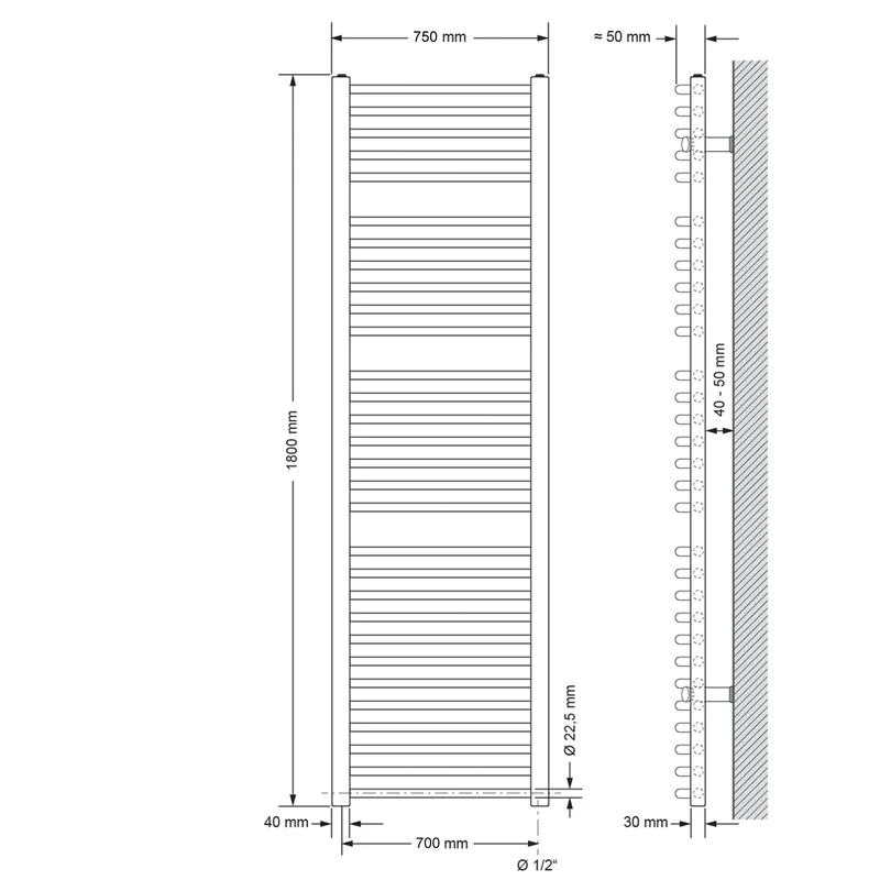 Badheizkörper Sahara 750x1800 mm Weiß gebogen mit Seitenanschluss LuxeBath
